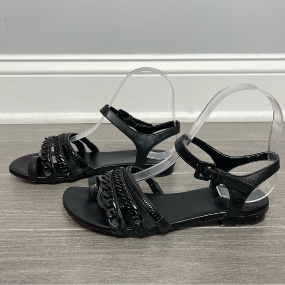 MICHAEL Michael Kors Jackie Chain Link Flat Sandals Black Leather Shoes 5.5 - Picture 7 of 11